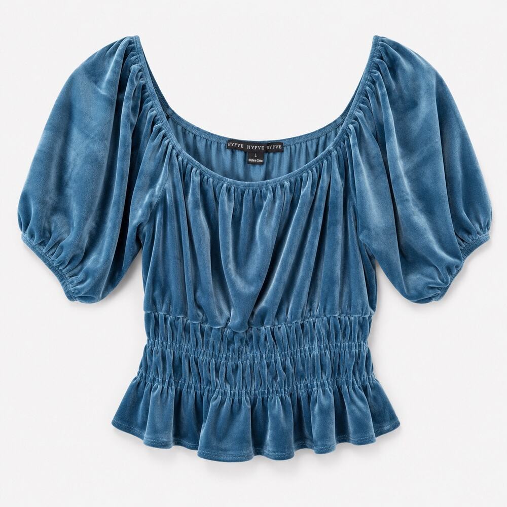 HYFVE Blue Velvet Puff Sleeve Smocked Crop Top Women Large Romantic Boho